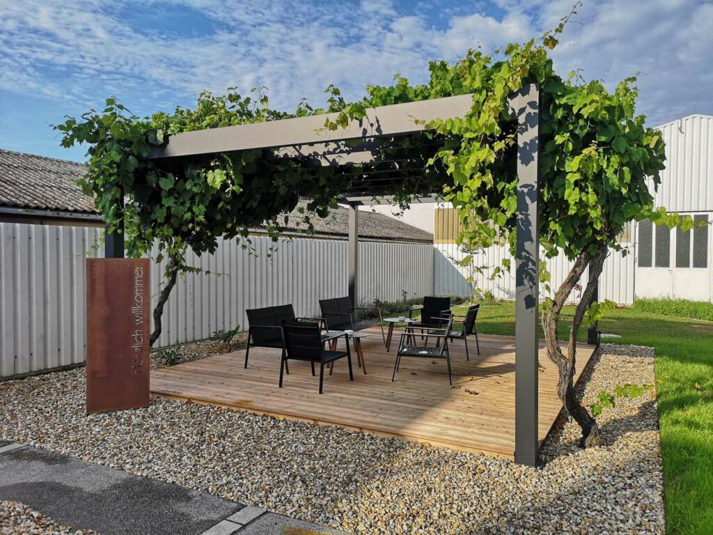 Pergola aus Metall mit Weinreben und Sitzmöglichkeiten